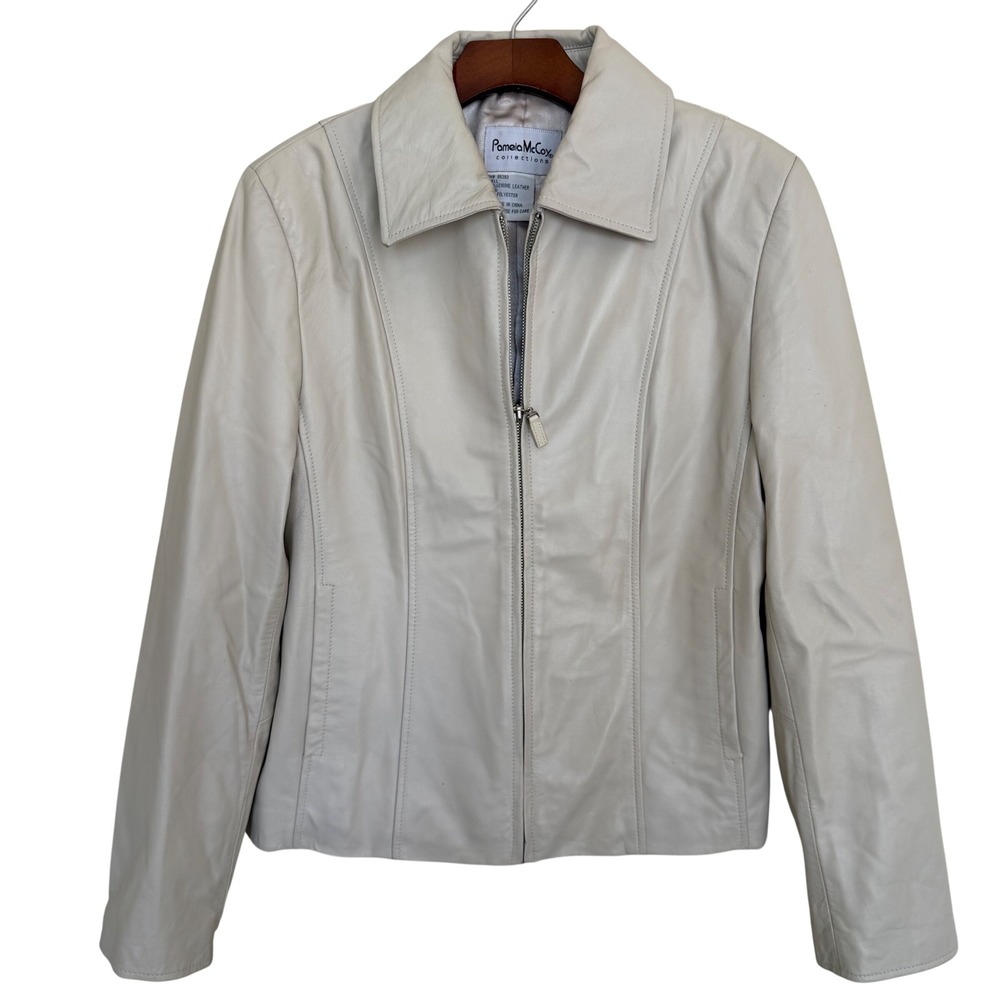 VTG. Pamela McCoy Collections Cream Genuine Leather Zip Front Jacket Medium